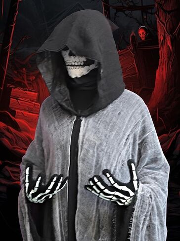 غريم ريبر أزياء هالوين الرعب مع غطاء محرك السيارة للرجال خمر مخيفة مخيفة مدمن مخدرات ، والقفازات الجمجمة والهيكل العظمي in Kuwait