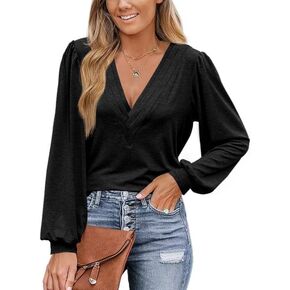 قمصان نسائية بأكمام طويلة كاجوال أنيقة ورقبة على شكل حرف V وأكمام منتفخة وفضفاضة تونك عصري وبلوزات زرقاء in Kuwait