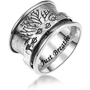 Fidget Ring Bear & Pine | Tree of Life |Deer&Pine |Just Breathe 925 Sterling Silver Spinner Ring for Women Anxiety Relief Rings Wide Bands Statement Jewelry for Women in Kuwait