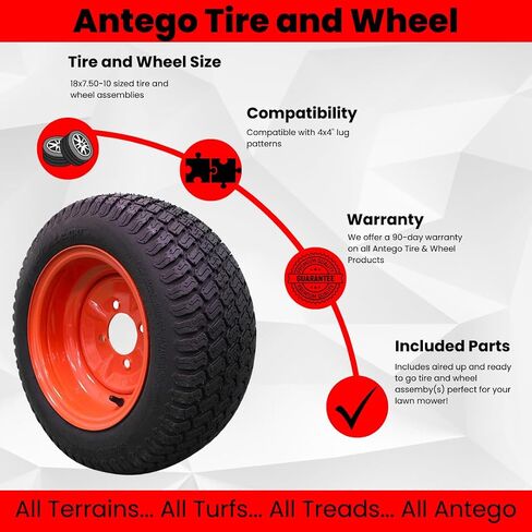 Antego Tyre & Wheel (مجموعة من 2) 18x7.50-10 | مثالي للاختراق لجزء كوبوتا OEM #K3001-17300 in Kuwait