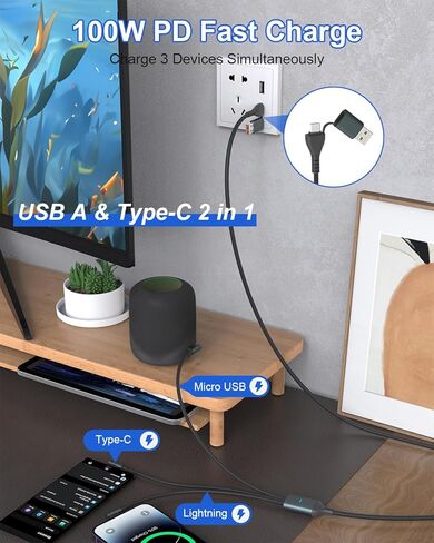 كابل USB C بطول 20 قدمًا لسلك شاحن iPhone - 4 في 1 USB A/C إلى USB C/ كابل Lightning لهاتف iPhone 15، Galaxy S23، 60 وات شحن سريع ومزامنة بيانات MFi معتمد من النايلون المضفر كابل USB C طويل جدًا 20 قدمًا in Kuwait