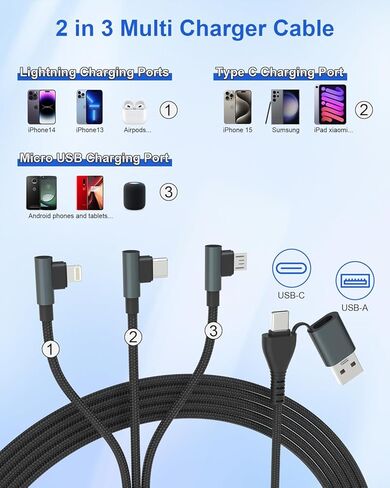 كابل USB C بطول 20 قدمًا لسلك شاحن iPhone - 4 في 1 USB A/C إلى USB C/ كابل Lightning لهاتف iPhone 15، Galaxy S23، 60 وات شحن سريع ومزامنة بيانات MFi معتمد من النايلون المضفر كابل USB C طويل جدًا 20 قدمًا in Kuwait