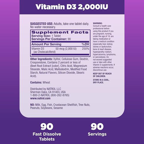 Natrol Fast Dissolve Vitamin D3 2,000 IU, Dietary Supplement for Bone and Joint Health, Bone Support Supplement, 90 Tablets, 90 Day Supply in Saudi Arabia