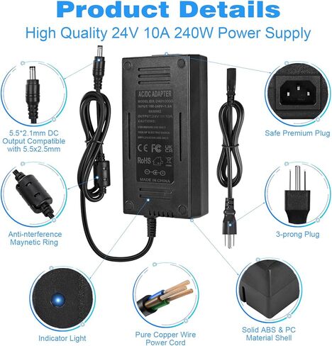 محول إمداد الطاقة HOUHUI 24V 4A، تيار متردد 100-240 فولت إلى تيار مستمر 24 فولت 4 أمبير 96 وات بدلة 3A 2A 1A محول محول تيار متردد/تيار مستمر مع قابس 5.5x2.5 مم لشريط LED ضوء CCTV كاميرا LCD وشاشة LCD in Kuwait