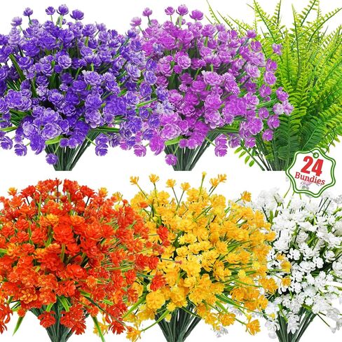 Uieke 24 Bundles Artificial Flowers for Outdoors UV Resistant Fake Flowers Faux Plastic Greenery Plants Shrubs for Outdoor Garden Window Box Home Indoor Decor in Saudi Arabia