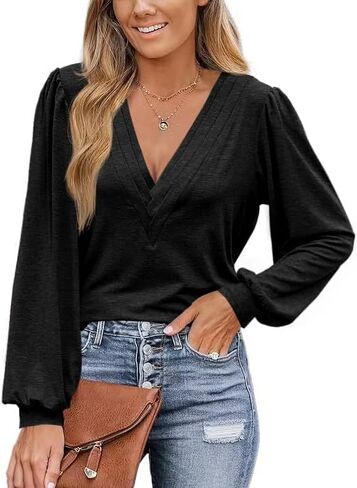 قمصان نسائية بأكمام طويلة كاجوال أنيقة ورقبة على شكل حرف V وأكمام منتفخة وفضفاضة تونك عصري وبلوزات زرقاء in Kuwait