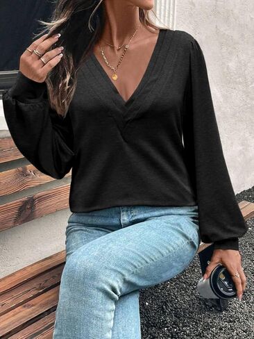 قمصان نسائية بأكمام طويلة كاجوال أنيقة ورقبة على شكل حرف V وأكمام منتفخة وفضفاضة تونك عصري وبلوزات زرقاء in Kuwait