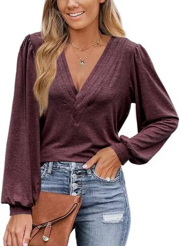 Womens Long Sleeve Tops Dressy Casual V Neck Shirts Fall Puff Sleeve Loose Tunic Trendy Tops Blouses Blue in Saudi Arabia