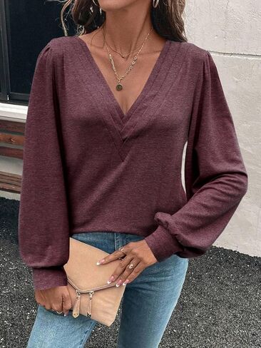 Womens Long Sleeve Tops Dressy Casual V Neck Shirts Fall Puff Sleeve Loose Tunic Trendy Tops Blouses Blue in Saudi Arabia