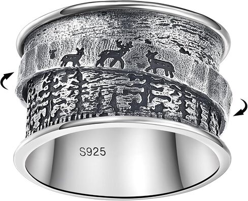 Fidget Ring Bear & Pine | Tree of Life |Deer&Pine |Just Breathe 925 Sterling Silver Spinner Ring for Women Anxiety Relief Rings Wide Bands Statement Jewelry for Women in Kuwait