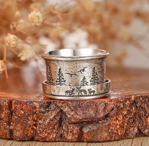 Fidget Ring Bear & Pine | Tree of Life |Deer&Pine |Just Breathe 925 Sterling Silver Spinner Ring for Women Anxiety Relief Rings Wide Bands Statement Jewelry for Women in Kuwait