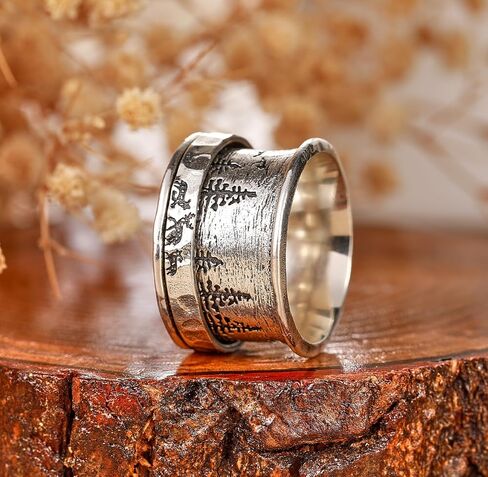 Fidget Ring Bear & Pine | Tree of Life |Deer&Pine |Just Breathe 925 Sterling Silver Spinner Ring for Women Anxiety Relief Rings Wide Bands Statement Jewelry for Women in Kuwait
