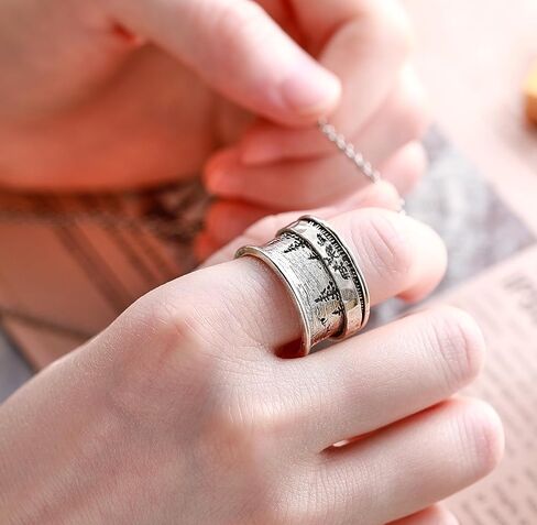 Fidget Ring Bear & Pine | Tree of Life |Deer&Pine |Just Breathe 925 Sterling Silver Spinner Ring for Women Anxiety Relief Rings Wide Bands Statement Jewelry for Women in Kuwait