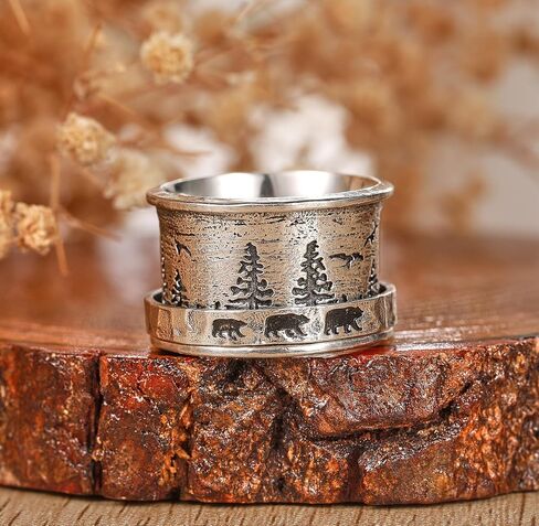 Fidget Ring Bear & Pine | شجرة الحياة | الغزلان والصنوبر | مجرد تنفس 925 الجنيه الاسترليني الفضة حلقة الدوار للنساء خواتم الإغاثة الإغاثة in Saudi Arabia