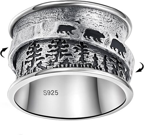 Fidget Ring Bear & Pine | شجرة الحياة | الغزلان والصنوبر | مجرد تنفس 925 الجنيه الاسترليني الفضة حلقة الدوار للنساء خواتم الإغاثة الإغاثة in Saudi Arabia