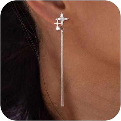 Clip on Earrings for Women Star Earrings Cubic Zirconia 925 Sterling Silver Plated Long Tassel Dangle Drop Clip Earrings Non Pierced Earrings for Women Jewelry Gifts Wedding Party in Saudi Arabia