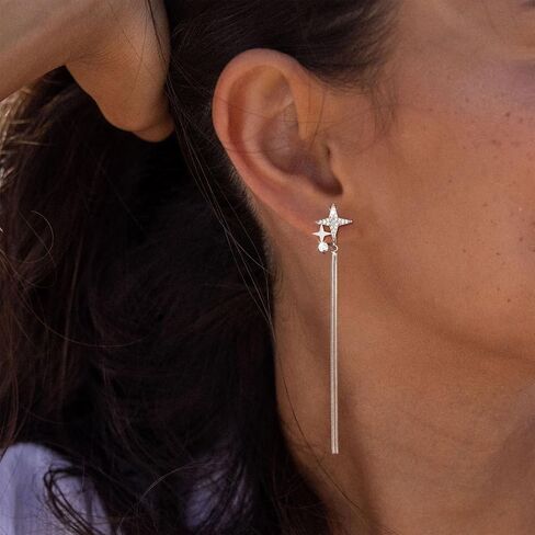 Clip on Earrings for Women Star Earrings Cubic Zirconia 925 Sterling Silver Plated Long Tassel Dangle Drop Clip Earrings Non Pierced Earrings for Women Jewelry Gifts Wedding Party in Saudi Arabia