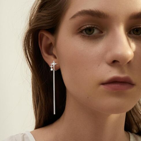 Clip on Earrings for Women Star Earrings Cubic Zirconia 925 Sterling Silver Plated Long Tassel Dangle Drop Clip Earrings Non Pierced Earrings for Women Jewelry Gifts Wedding Party in Saudi Arabia