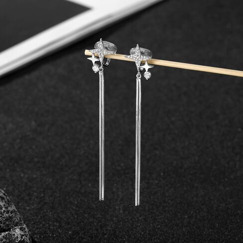 Clip on Earrings for Women Star Earrings Cubic Zirconia 925 Sterling Silver Plated Long Tassel Dangle Drop Clip Earrings Non Pierced Earrings for Women Jewelry Gifts Wedding Party in Saudi Arabia