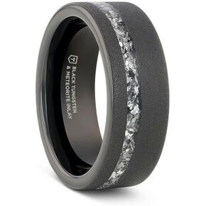 Mens Sandblasted Black Tungsten with Meteorite Fragments Inlay Wedding Ring - 8mm Wide - Style name: ABYSS in Kuwait