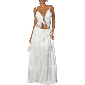 Floerns Women's 2 Piece Outfit Lace Trim Tie Front Camisole Top Tiered Maxi Skirts Set in Kuwait