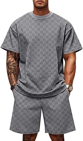 Men's 2 Piece Set Summer Outfits Casual Geometric Texture Short Sleeve Shirt and Shorts Track Suits for Men Set in Saudi Arabia