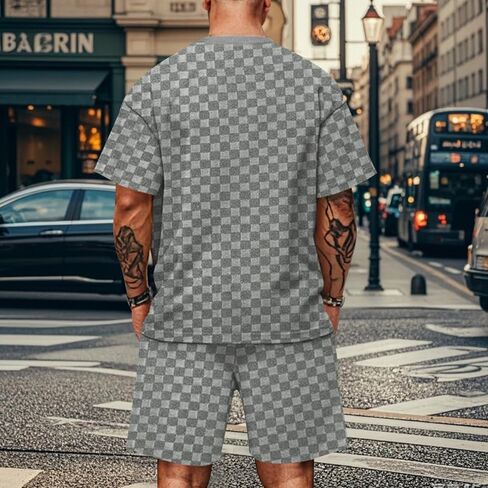 Men's 2 Piece Set Summer Outfits Casual Geometric Texture Short Sleeve Shirt and Shorts Track Suits for Men Set in Saudi Arabia