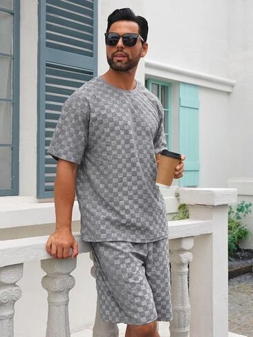 Men's 2 Piece Set Summer Outfits Casual Geometric Texture Short Sleeve Shirt and Shorts Track Suits for Men Set in Saudi Arabia