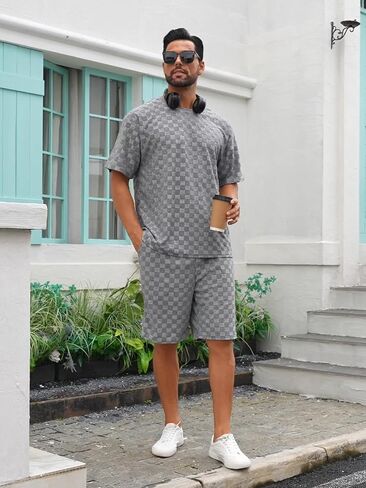 Men's 2 Piece Set Summer Outfits Casual Geometric Texture Short Sleeve Shirt and Shorts Track Suits for Men Set in Saudi Arabia
