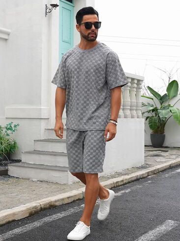 Men's 2 Piece Set Summer Outfits Casual Geometric Texture Short Sleeve Shirt and Shorts Track Suits for Men Set in Saudi Arabia
