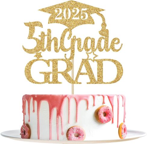 غلاف كعكة التخرج من الدرجة الخامسة باللون الذهبي اللامع، ديكورات التخرج من الدرجة الخامسة، السلام من الصف الخامس، 2024 ديكورات حفلات التخرج الابتدائية in Kuwait