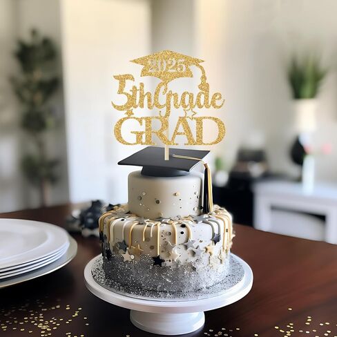 غلاف كعكة التخرج من الدرجة الخامسة باللون الذهبي اللامع، ديكورات التخرج من الدرجة الخامسة، السلام من الصف الخامس، 2024 ديكورات حفلات التخرج الابتدائية in Kuwait