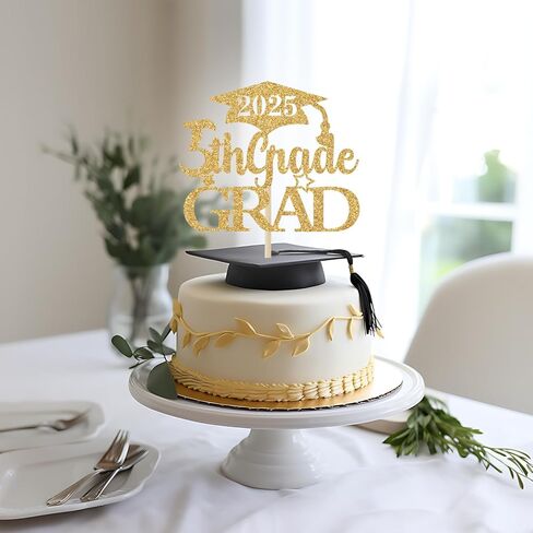 غلاف كعكة التخرج من الدرجة الخامسة باللون الذهبي اللامع، ديكورات التخرج من الدرجة الخامسة، السلام من الصف الخامس، 2024 ديكورات حفلات التخرج الابتدائية in Kuwait