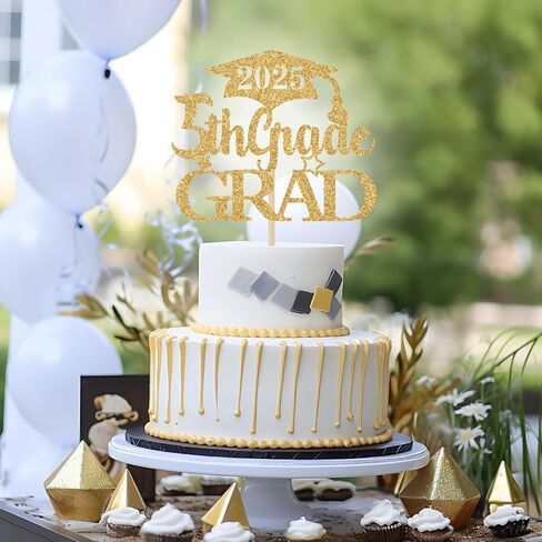 غلاف كعكة التخرج من الدرجة الخامسة باللون الذهبي اللامع، ديكورات التخرج من الدرجة الخامسة، السلام من الصف الخامس، 2024 ديكورات حفلات التخرج الابتدائية in Kuwait