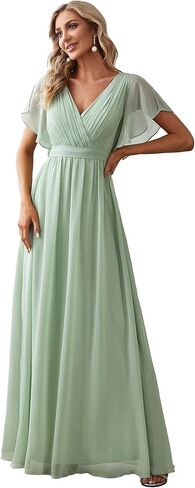 Ever-Pretty Women's Bridesmaid Dress V-Neck Ruffle Sleeves Ruched Bust Floor Length Chiffon Formal Dresses 0164A in Saudi Arabia