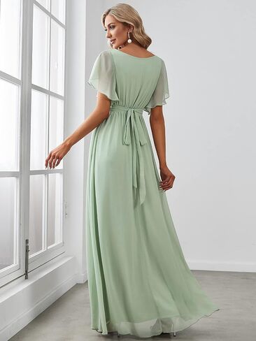 Ever-Pretty Women's Bridesmaid Dress V-Neck Ruffle Sleeves Ruched Bust Floor Length Chiffon Formal Dresses 0164A in Saudi Arabia