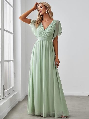 Ever-Pretty Women's Bridesmaid Dress V-Neck Ruffle Sleeves Ruched Bust Floor Length Chiffon Formal Dresses 0164A in Saudi Arabia