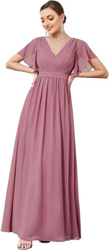 Ever-Pretty Women's Bridesmaid Dress V-Neck Ruffle Sleeves Ruched Bust Floor Length Chiffon Formal Dresses 0164A in Saudi Arabia