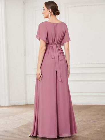 Ever-Pretty Women's Bridesmaid Dress V-Neck Ruffle Sleeves Ruched Bust Floor Length Chiffon Formal Dresses 0164A in Saudi Arabia