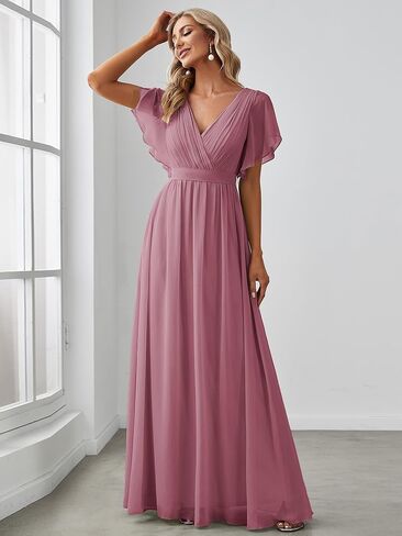 Ever-Pretty Women's Bridesmaid Dress V-Neck Ruffle Sleeves Ruched Bust Floor Length Chiffon Formal Dresses 0164A in Saudi Arabia