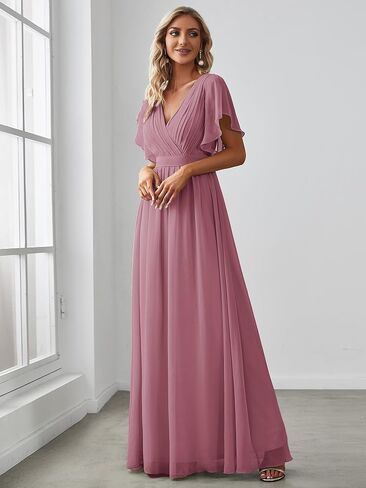 Ever-Pretty Women's Bridesmaid Dress V-Neck Ruffle Sleeves Ruched Bust Floor Length Chiffon Formal Dresses 0164A in Saudi Arabia