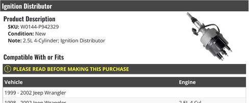 Ignition Distributor - Compatible with 1998-2002 Jeep Wrangler 2.5L 4-Cylinder in Saudi Arabia