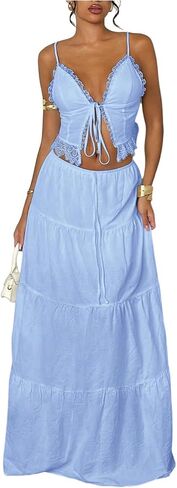 Floerns Women's 2 Piece Outfit Lace Trim Tie Front Camisole Top Tiered Maxi Skirts Set in Saudi Arabia