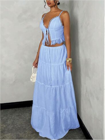 Floerns Women's 2 Piece Outfit Lace Trim Tie Front Camisole Top Tiered Maxi Skirts Set in Saudi Arabia