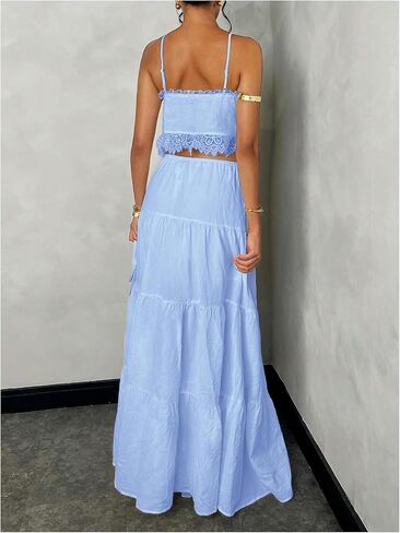 Floerns Women's 2 Piece Outfit Lace Trim Tie Front Camisole Top Tiered Maxi Skirts Set in Saudi Arabia