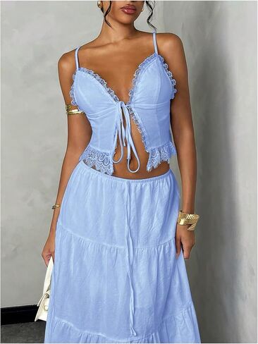 Floerns Women's 2 Piece Outfit Lace Trim Tie Front Camisole Top Tiered Maxi Skirts Set in Saudi Arabia