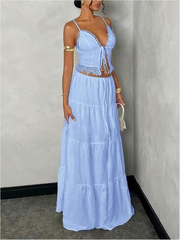 Floerns Women's 2 Piece Outfit Lace Trim Tie Front Camisole Top Tiered Maxi Skirts Set in Saudi Arabia