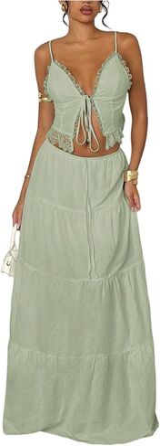 Floerns Women's 2 Piece Outfit Lace Trim Tie Front Camisole Top Tiered Maxi Skirts Set in Saudi Arabia