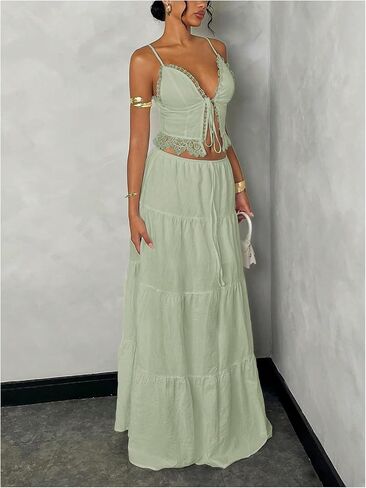 Floerns Women's 2 Piece Outfit Lace Trim Tie Front Camisole Top Tiered Maxi Skirts Set in Saudi Arabia