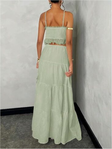Floerns Women's 2 Piece Outfit Lace Trim Tie Front Camisole Top Tiered Maxi Skirts Set in Saudi Arabia